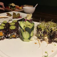 Sweet potato roll on left. Mushroom roll on right. Veggie gyoza behind  at Yūgen Cuisine in South Lake Tahoe