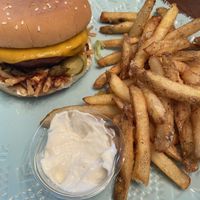 Skinny Carter Burger and Rowdy Crowd fries (GET THE FRIES) at Bougie Vegan in Belton
