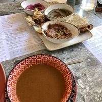 Gazpacho soup and trio of middle eastern dips  at Ousia Soulful Kitchen in Limassol