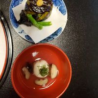 Roast eggplant and chestnut mochi at Zenkoji Fuchinobo in Nagano