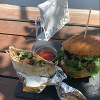 Hummus wrap (vegan) cheese burger (vegetarian) at The Pink Coconut in Cancun