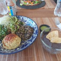 The Platter (hummus, falafel, black bean dip with tortillas and salad) at The Pink Coconut in Cancun