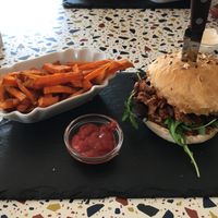Pulled Burger with sweet potato fries! at Xato in Moledo