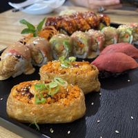 Volcano roll, yuba roll, tuna nigiri, and spicy tuna pouch  at Daikon Vegan Sushi in Las Vegas