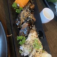 Salmon (bell pepper), unagi (egg plant), and albacore (daikon) nigiri  at Daikon Vegan Sushi in Las Vegas