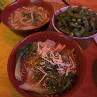 Vegan ramen and wontons (front), curry udon (back left), garlic edamame (back right). Also, that’s not cheese on the ramen…can’t remember exactly, but possibly radish?   at Antics Pizza & Ramen in Hilo