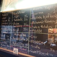 Menu -
 
* Falafel: piece, wrap, sandwich, pitta etc.
* Hummus: plate, sandwich
* Soup: bowl, cup
* Salads: pomegranate, tabbouleh, baba ganoush, green
* Pasta: arrabbiata etc.
* Olive oil dishes/mezes: stuffed vine leaf wraps, bulgur meatballs etc. at Falfool Vegan House in Istanbul