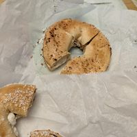 Toatsed salt and everything bagel with tofu scallion cream cheese. Not sure why so few seeds this time, usually more at Cella Bagel in Selden