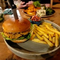 Butter bean burger with chips at The Dirty Bottles in Alnwick