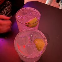 lime and ginger tequila cocktail (front), pink grapefruit and tequila cocktail (back)  at Poncho Tacos in Athens
