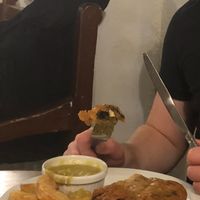 Vegan fish, chips and mushy peas  at The Black Ladd in Shaw