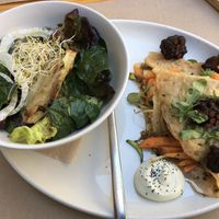 Summer salad and gluten free hummus and tempeh crepes. Wow. at Aguaribay in Barcelona