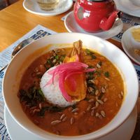The menu changes weekly, here the lentil curry, very yummy! at Aguaribay in Barcelona