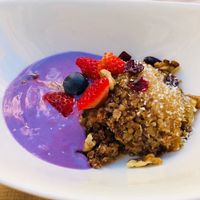 Apple crumble with berries soy yogurt at Aguaribay in Barcelona