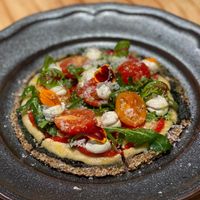 Raw pizza, dehydrated crust of almond and cauliflower at MA and The Seeds of Life in Hong Kong Island