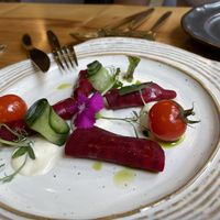 Beetroot ravioli with vegan feta cheese   at MA and The Seeds of Life in Hong Kong Island