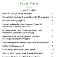 Tapas menu at Park and Cove in Noosa Heads
