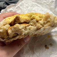 Jersey Diner Crunch—housemade Taylor ham, Just egg, cheese, hard roll crunch, and disco fries inside  at Cats Luck Vegan in Neptune City