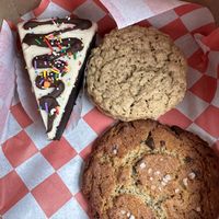 Chocolate cake, oatmeal cream pie, and miso chocolate chunk cookie  at Cats Luck Vegan in Neptune City