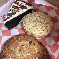 Chocolate cake, oatmeal cream pie, and miso chocolate chunk cookie  at Cats Luck Vegan in Neptune City