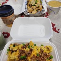 GF loaded biscuit (eith Just Egg), taco fries and grits at Cats Luck Vegan in Neptune City