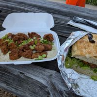 Biscuits and gravy with chik'n and focaccia sandwich with tofu and miso mayo at Cats Luck Vegan in Neptune City