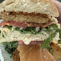 Fried chicken sandwich with hot chicken  at Cats Luck Vegan in Neptune City