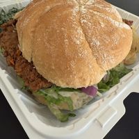 Fried chicken sandwich with hot chicken  at Cats Luck Vegan in Neptune City