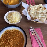 Chickpea Curry + Naan, Jasmine rice and the other main dish   at Madras Cafe in Glasgow