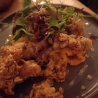 Cripsy Mushroom Trumpet Mushroom Calamari on Butternut Squash and Polenta Round with Buffalo Cauliflower at Ramsbottom Social in Ramsbottom