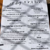 Menu at Tribe Cafe in Batemans Bay