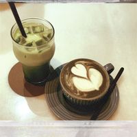 Matcha latte ($6 + ice $0.50 + oats $0.80) -Hojicha latte ($6+ oats $0.80)  at Lucky Cat Cafe in Northeast Singapore