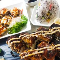 Tofunagi maki, shitake cream and cheese, shiso onigiri at Lucky Cat Cafe in Northeast Singapore