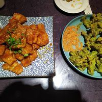 An impressive facsimile of Gongbao style meat and amazing crunchy spinach-battered mushrooms. at Fú Huì Lián Chéng 福慧莲城 - Longfeng Temple in Shenyang