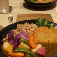 Top: Tomato curry, plus roasted vegetables.  Bottom: Spinach curry, plus roasted potatoes and tofu cutlet at RUCY+R 横浜ジョイナス店 in Yokohama