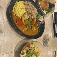 Tomato curry set with omelette and added katsu, eggplant  at RUCY+R 横浜ジョイナス店 in Yokohama