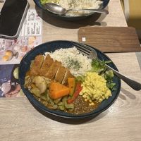 Vegan Curry with Rice, Vegetables, Vegan Scrambled Eggs & Vegan Breaded Katsu Chicken  at RUCY+R 横浜ジョイナス店 in Yokohama