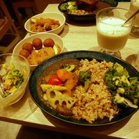 Spinach Curry with Roasted Veggies, Falafel and Fried Tofu Tonkatsu at RUCY+R 横浜ジョイナス店 in Yokohama