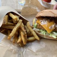 Chicken burger and fries.  at Green Farmer's in Paris