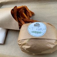 Sweet potatoe fries and fish burger.  at Green Farmer's in Paris