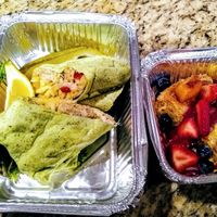Fishless Fry Wrap with Peach Polenta Cake at Uprooted Vegan Cuisine in Martinez