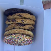 birthday cake, snickerdoodle, marble fudge, choc chip, the superhero   at Maya's Cookies in San Diego