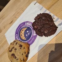 chocolate chip and dark chocolate at Insomnia Cookies in Santa Barbara