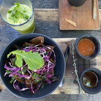 Hipster traditional mexican breakfast and green juice at Líquido y Sólido in Tulum