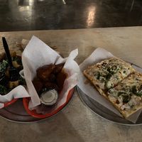 That’s my boy Jimmy on the right. Buffalo wings and Caesar kale on the left. (Check out those croutons!)  at Boxcar Pizza in Portland