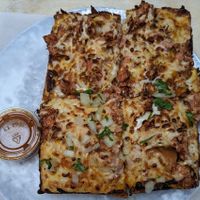 Birria Pie (no cilantro or onions on half) with consome at Boxcar Pizza in Portland
