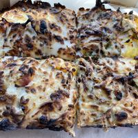 Life’s A Peach (bacon and jalapeños only on half)  at Boxcar Pizza in Portland