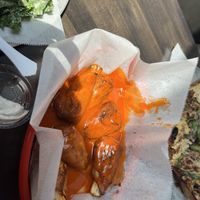 Buffalo hot wings. Frankly, way too much sauce. But still delish!  at Boxcar Pizza in Portland