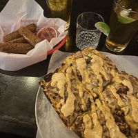 Cheezeburger and mozzarella sticks  at Boxcar Pizza in Portland