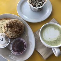 All GF- sesame bagel with toffuti and jam, choc peanut butter brioche, soy matcha latte  at New Cascadia Traditional in Portland